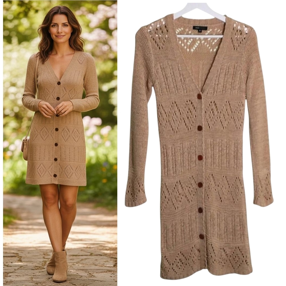 BCBGMaxazria Sweater Dress Women's Sz S Tan Open Knit Button up Long Sleeve